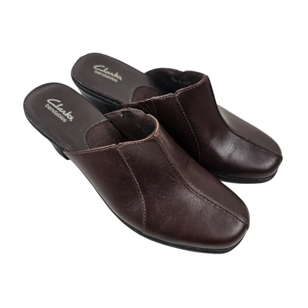 Clarks Bendable Womens Size 7M Mule Shoes Brown Leather Slip On Block Heel - Picture 1 of 9
